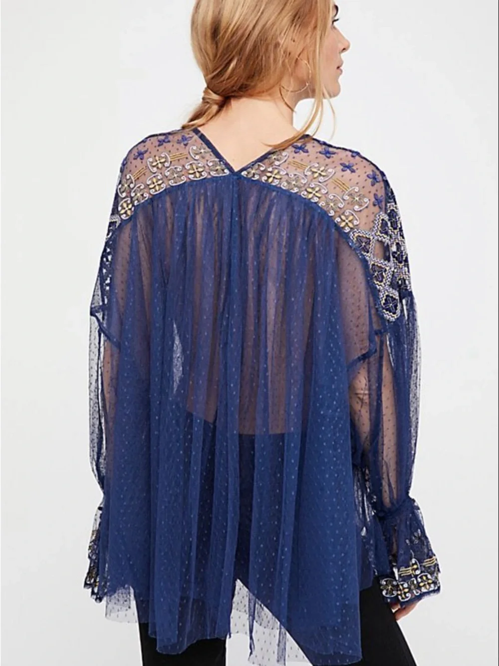 MSRP $148 FREE PEOPLE WOMEN'S NAVY BLUE EMBROIDERED MESH JOYRIDE SHEER TOP Sz S